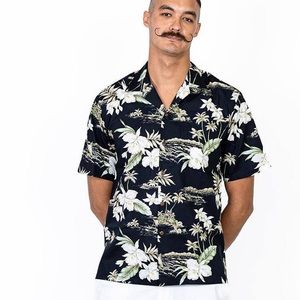 Hawaiian Togs Floral Cotton Button Front Short Sleeve Shirt Black Size XL